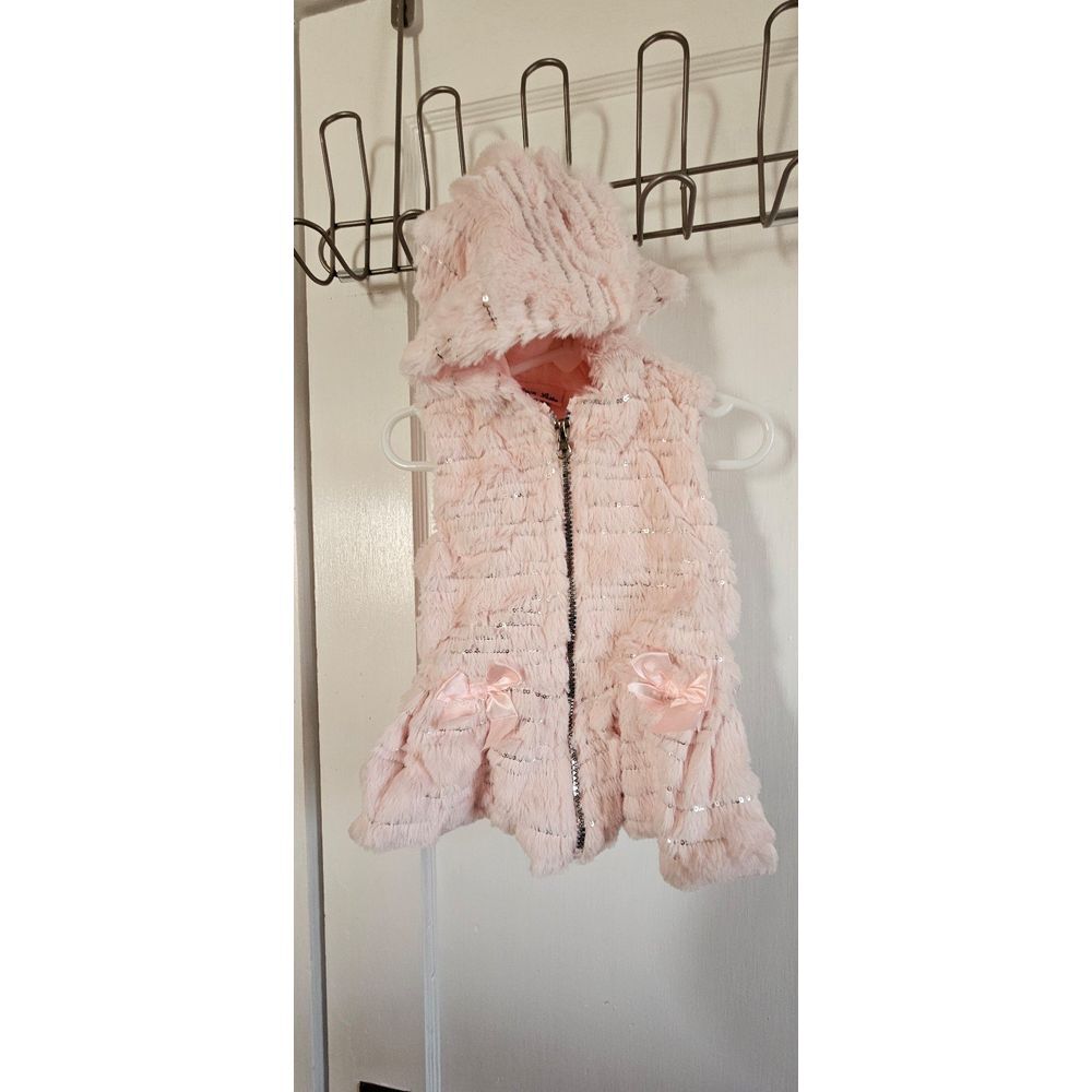 Little Lass girl faux fur sleeveless jacket pink bows full‎ zip up+ hood 24M